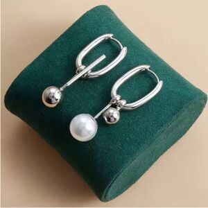 Sculptural Silver Drop Pearl Hoop Earrings